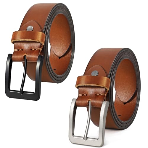 Men’s Leather Belt 2 Pack, Full Grain Leather Belts for Men, Handmade Top-Grain Heavy Duty Work Belt Gift Set