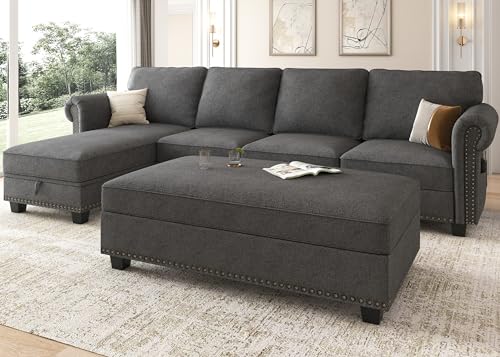 Nolany Convertible Sectional Couch with Chaise, L Shaped Sectional Sofa Couch with Storage Ottoman Small Sofa Set with Reversible Chaise for Living Room, Dark Grey
