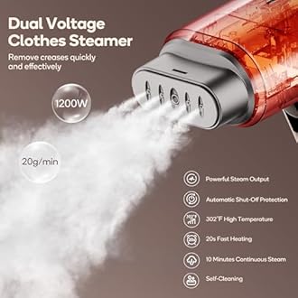 Newbealer Dual Voltage Garment Steamer 120V/220V, 1200W Powerful Steamer for Clothes, Home & Travel Use, Horizontal & Vertical Steaming, 20s Heat-up, Foldable, 1.72lbs, 180ml (Brown)
