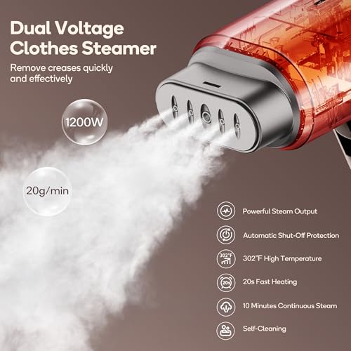 Newbealer Dual Voltage Garment Steamer 120V/220V, 1200W Powerful Steamer for Clothes, Home & Travel Use, Horizontal & Vertical Steaming, 20s Heat-up, Foldable, 1.72lbs, 180ml (Brown)