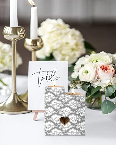 Heart-Shaped Candle Holders For Table Centerpiece - Gray White Pattern Chinese Vintage Cloud Japanese China Oriental Design Tealight Candle Holder Set - Wooden Candlestick Home Decorations For Couple #TOP22