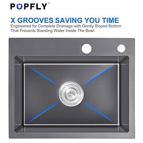 Popfly 20×16 Inch Small Sink,Rectangle Drop In Stainless Steel Single Bowl Bar Sink, Black Overmount Kitchen Sink With Drain Strainer #TOP5