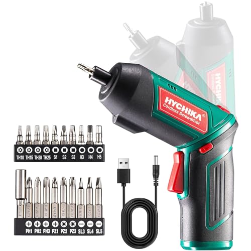 Image of Cordless Screwdriver 6 N.m, HYCHIKA 3.6V 2.0Ah Rechargeable Electric Power Screwdriver Gun, Adjustable 2 Position Handles, Front LED, DC Charging, 20pcs Accessories