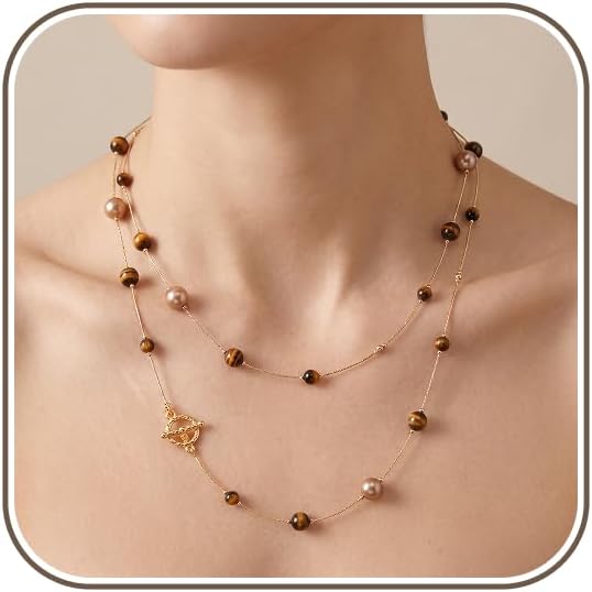 Gold Tigers Eye Layered Beaded Necklace for Women, Adjustable Chain