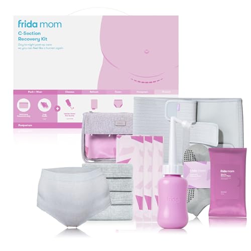 Image of Frida Mom C-Section Recovery Must Have Kit for Labor, Delivery, & Postpartum, Socks, Peri Bottle, Disposable Underwear, Abdominal Support Binder, Shower Wipes, Silicone Scar Patches, & Toiletry Bag