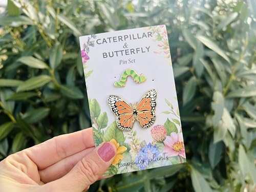 Image of Butterfly & Caterpillar Enamel 2 Piece Pin Gift Set - Cute Nature-Themed Pins for Jackets, Bags, and Accessories - Colorful Collector Pins & Botanical Gift Ideas