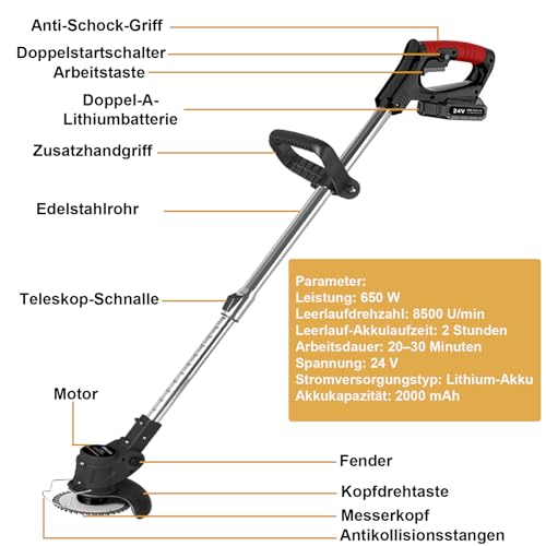 SMILOVII Rasentrimmer mit Akku 21V – 2X 2,0Ah Akku, 8500 U/min, 3-in-1 Freischneider inkl. 16-teiliges Klingen-Set, Teleskopstiel als Kantenschneider für Rasen, Rasenkanten & Unkraut 5