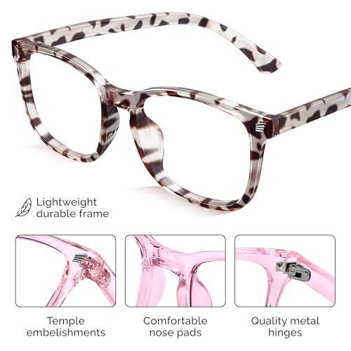 Image of livho High Tech Blue Light Blocking Computer Glasses | Advanced Blue Light Blocking, Screen Fatigue Protection, UV Protection, Leopard + Clear Pink