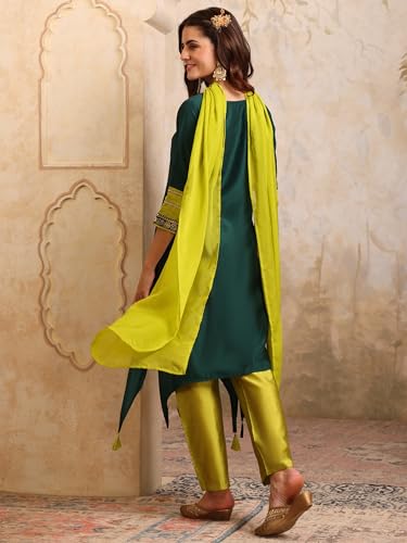 Image of EthnicJunction Women's Cotton Silk Embroidered Asymmetric Kurta Pant with Choker Dupatta Set | Wedding Outfit | Heavy | Kurta Set | Ethnic Set