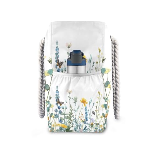 Wildflowers with Butterflies Beach Bag with Top Zipper Closure, Waterproof Pool Bag, Large Beach Tote for Women#3053