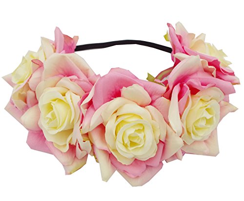 Love Sweety Red Rose Floral Crown Flower Headband for Wedding Festival (Mix Pink)
