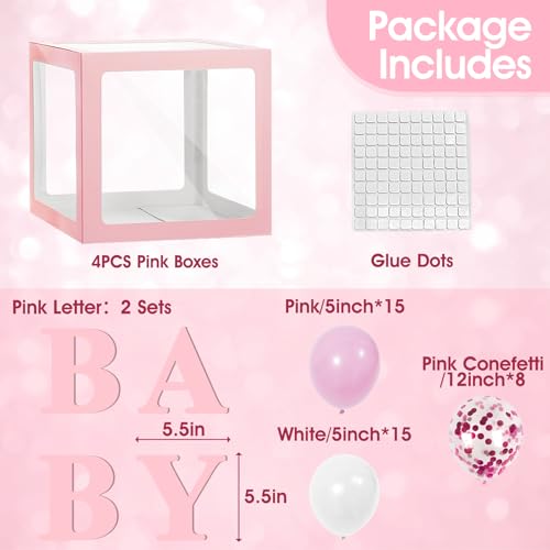 Image of Ledido Baby Boxes with Letters for Baby Shower Decorations with 38 Balloons, 4 pcs Clear Balloon Boxes Blocks for Boys Girls Gender Reveal Decorations Birthday Backdrop Party (Pink)