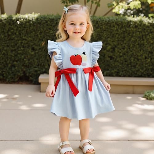 Little Girls Back to School Dress Apple Embroidery Flutter Sleeve Plaid Dress Toddler Kid First Day of School Outfits3