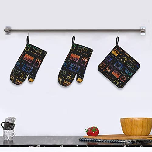 Game Video Gaming Pattern Oven Mitts And Pot Holders Sets-Heat Resistant Kitchen Non-Slip Print Grip Oven Mitts Microwave Barbecue Cooking Baking Barbecue #TOP5