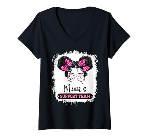 Femme Messy Bun Mom's Support Team de sensibilisation au cancer du sein T-Shirt avec Col en V