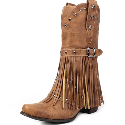 Metal Decoration Studded Fringe Cowboy Boots for Women