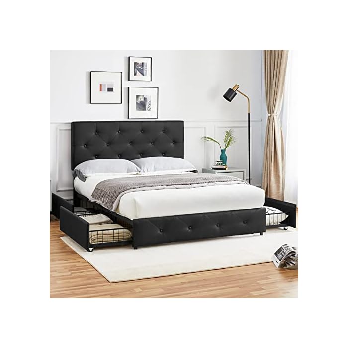 Buy Yaheetech Upholstered Platform Bed Frame with 4 Drawers, Tufted