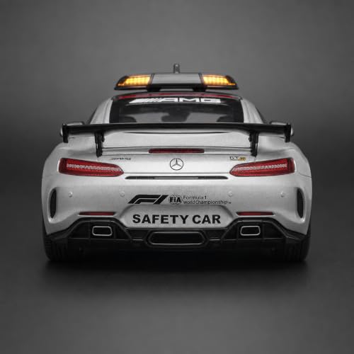 Image of Mercedes AMG GT F1 Safety Car 1:24 Scale Die Cast Metal Car - Pull Back Sports Coupe in Silver with Openable Doors & Hood, Light & Sound, Steerable Wheels, Showpiece for Kids