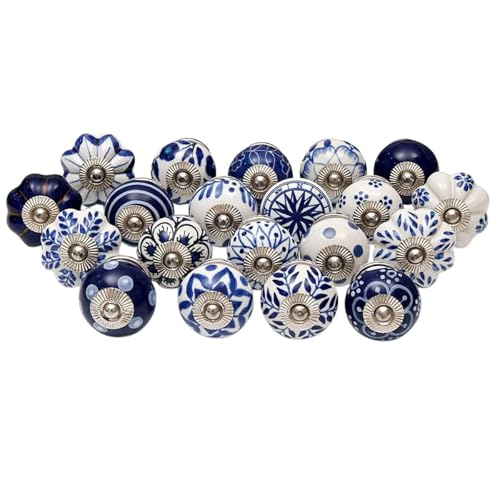 Indian Shelf Blue Ceramic Cabinet Knobs - 25 Pack - Drawer Pulls - Vintage Decorative Knobs - Blue White 1.5