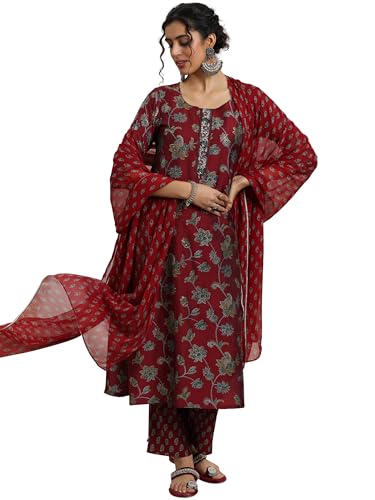 Image of Libas Womens Printed Silk Blend Straight Kurta With Trousers and Dupatta | daily wear suit