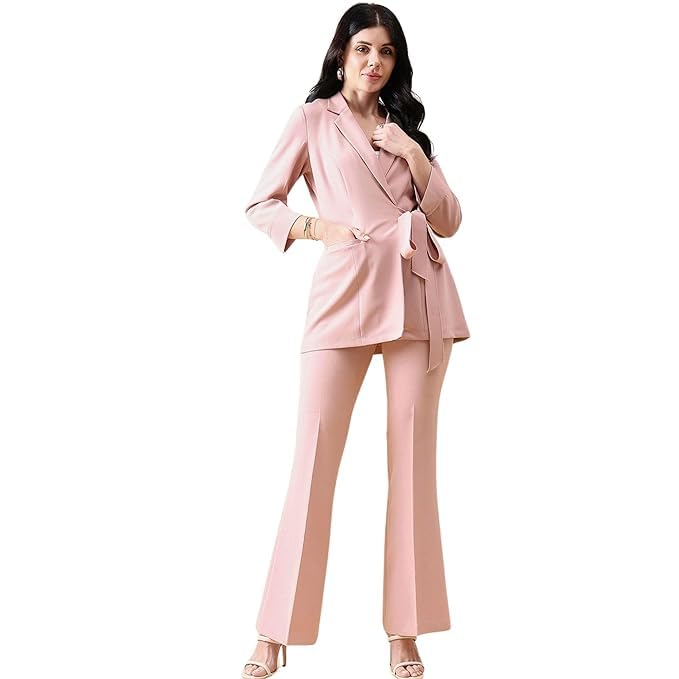 powersutra Women's Pink Tie Closure Stretch Blazer Suit-picture-10