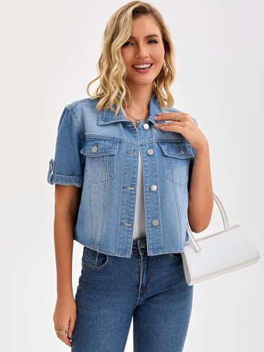 Womens Short Sleeve Denim Jackets 2025 Collared Button Up Cropped Jean Jacket3