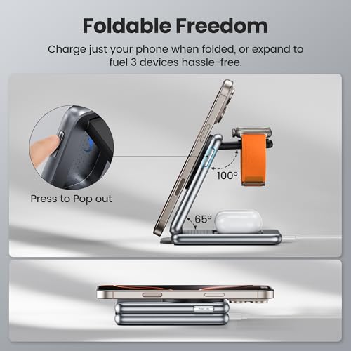 BKXCHA 3-in-1 Draadloos Oplaadstation voor Apple Watch en iPhone, Opvouwbare Draadloze Oplader met Mag-Safe voor iPhone 16/15/14/13/12/11/X, Apple Watch 10/9, AirPods met 25W Snelladen - Afbeelding 5