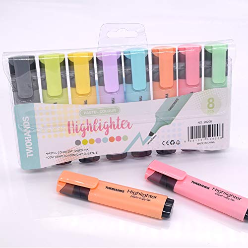 Image of TWOHANDS Highlighters, 8 Assorted Pastel Colors, Chisel Tip Marker Pen,with Large Ink Reservoir for Extra Long Marking Performance 20208
