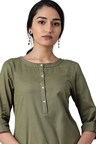 Image of W for Woman Cotton Yellow Solid Mandarin Collar Straight Kurta