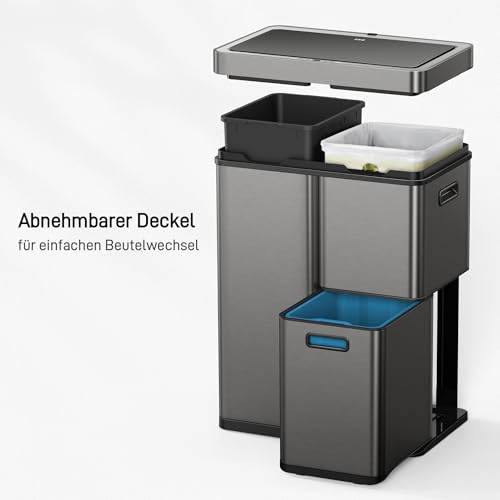 Image of EKO Mirage Plus 3-Compartment Recycling System, 2 x 15 Litre and 30 Litre, Recycling Bin with Sensor, 3 Inner Plastic Buckets, Automatic Bin with Lid, Large Bin