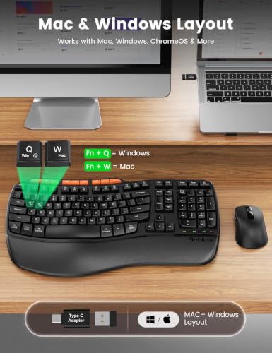 Image of Ergonomic Wireless Keyboard and Mouse Combo, Full Size Wave, Natural Typing | Memory Foam Leather Wrist Rest, Stable 2.4GHz Wireless, 6-Button Mouse, USB-A /USB-C Adapter for Office Computer Laptop Tablet