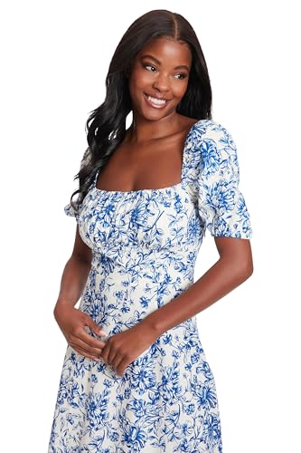 Image of London Times Womens Square Neck Smocked Back Linen Blend Flattering Versatile Spring Summer Garden Party