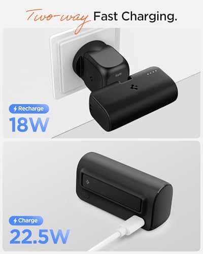 Spigen 5000 mAh Ultra Mini 22.5W USB-C Giriş/Çıkış Hızlı Şarj 2 Portlu Tak-Çalıştır Standlı Powerbank/Entegre Type-C Portlu Stand Özellikli Taşınabilir Şarj Cihazı EA2205 Black - ABA09022 - Görsel 3