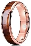 Anillo de boda de tungsteno con tres llaves de 4 mm y 6 mm, curvado con incrustaciones de madera de koa real, banda de oro rosa plateado