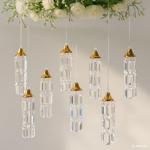 Efavormart LED Crystal String Lights, Gold Bell Frame with Hanging Prism Pendants, Warm White Plug-in Chandelier Décor - Thumbnail 3