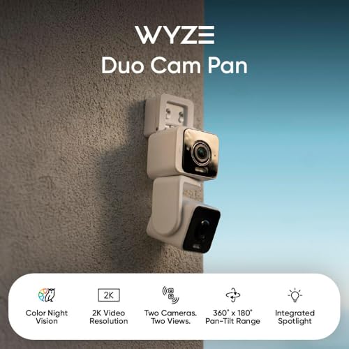 Image of WYZE Duo Cam Pan 2 Pack, Indoor /Outdoor IP65 2K 360 Pan /Tilt Smart Home Security Camera with Color Night Vision, Compatible with Alexa & Google Assistant, White