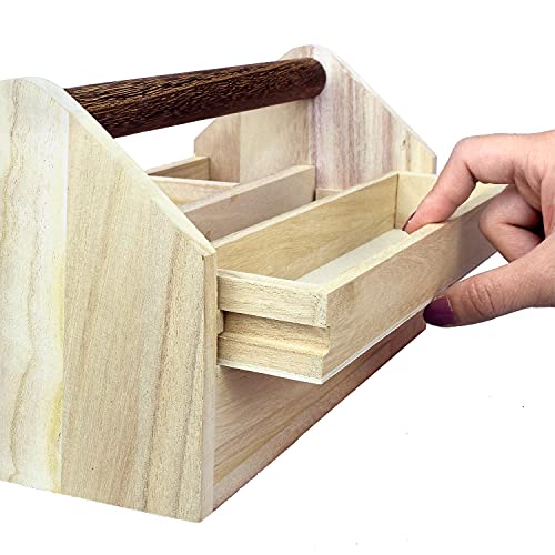 Image of Ikee Design Small Natural Wood Color Wooden Craft Tool Box Caddy with a Handle for Storage Tool, Makeup, Collections with 5 Compartments for Storage and Organizing, 10 W x 5.1 D x 3.5 H in