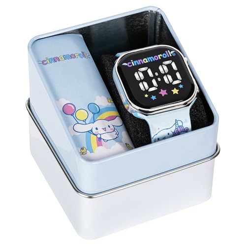accutime cinnamoroll kids watch  led display square case adjustable plastic strap collectible tin  perfect for girls who love cute characters