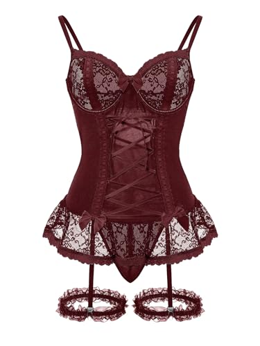 Image of Foxiny Sexy Mesh Corset Ruffle Lace Up Underwire Sheer Garter Belt Babydoll Lingerie Set With Thong 3 Piece Women