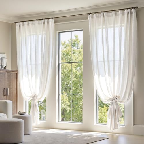 Image of jinchan Linen Curtains Light Filtering Back Tab 100x84 Inch 1 Panel White