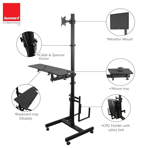 Image of Isomars Computer Standing Desktop Workstation with Monitor Mount Adjustable Height with Keyboard & Mouse Tray Space for CPU Holder, Sit Stand Table Comes with Wheels for Easy to Move.