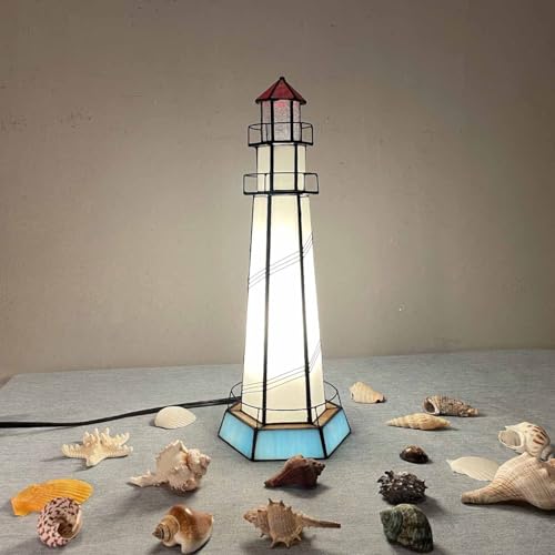 Bieye L10871 Lighthouse Tiffany Style Stained Glass Accent Table Lamp Night Light for Home Decoration (5.5x5.5x15, Blue) - Image 2