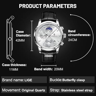 LIGE Chronograph Watch for Men Wrist Leather Analog Dress Waterproof Vintage Work Casual Unique Retro Quartz Date Moon Phase Display Luminous 3ATM Water Resistant Mens Watches