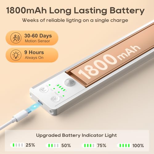 Image of 10.5 Inch Under Cabinet Lighting, 6 Color Temps Motion Sensor Light Indoor, LED Power Display Rechargeable Battery Operated Closet Light, Magnetic Dimmable Under Counter Lights for Kitchen-2 Pack