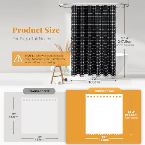 Image of BTTN Extra Long Shower Curtain - 72x96 Inch Long Boho Linen Fabric Heavy Duty Shower Curtain Set with Plastic Hooks, Tall Farmhouse Aesthetic Cute Tassel Shower Curtains for Bathroom, Black and White