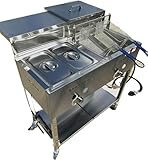 Deep Fryer Cart with 30 lb 3 Gallon Single Tank | Stainless Steel | Portable 4 Wheel | 2 Fryer Baskets | 2 Pan Steam Table | Outdoor Propane Frying Cart for Chicken, Fish, & More | Commercial & Home
