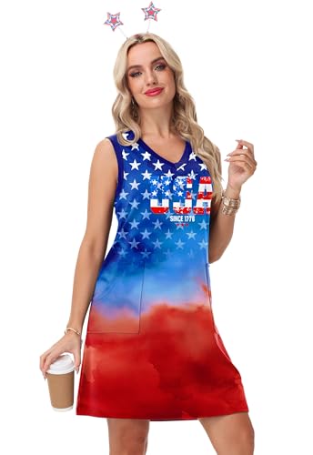 Image of Deerose Womens July 4th Sleeveless Dress American Flag Swim Cover Up Dress with Pockets