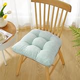 Huierxun Cotton Linen Soft Comfort Chair Cushion 18'x17'x2' Tufted Chair Pads with Ties Non-Slip Seat Cushions for Indoor Dining Room Kitchen and Office Chairs (Green Blue,18'x17')