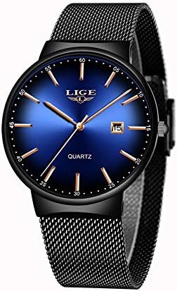 LIGE Mens Watches Unisex Ultra-Thin Simple Blue Stainless Steel Sport Chronograph Waterproof Analogue Quartz Fashion Casual Women Wristwatches