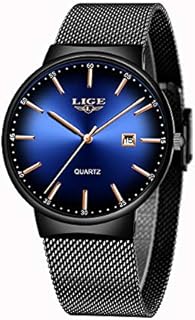LIGE Mens Watches Unisex Ultra-Thin Simple Blue Stainless Steel Sport Chronograph Waterproof Analogue Quartz Fashion Casual Women Wristwatches